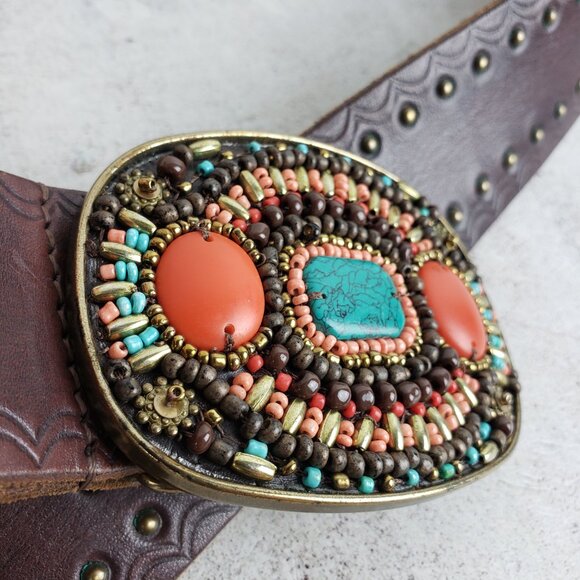 Vintage Lucky Brand Leather Belt Brown Studded Bohemian Beaded Buckle Western L main image 6